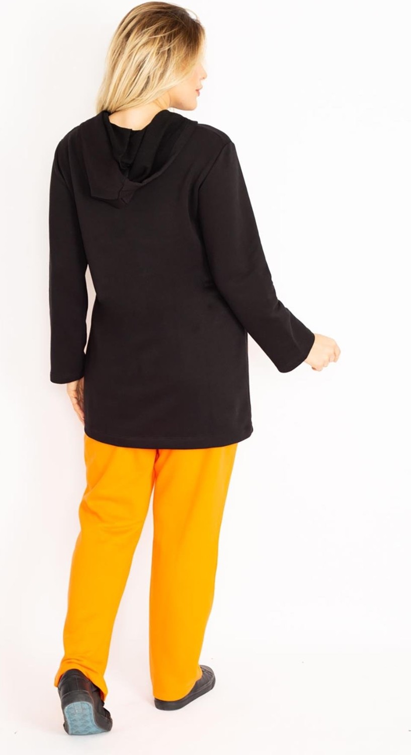 Şans Kadın Büyük Beden Oranj-Siyah, Cep Kombinli Kapşonlu Ön Fermuarlı Sweatshirt Pantolon Takım 65N39162 görsel 4