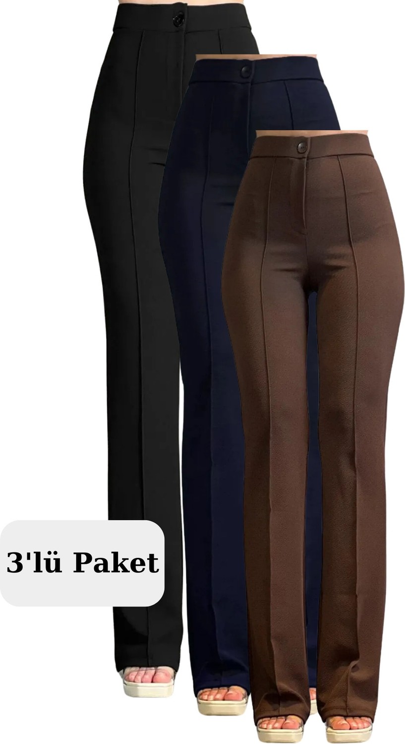 Thiff Krep Kumaş Likralı Kadın Palazzo Pantolon 3'lü Set