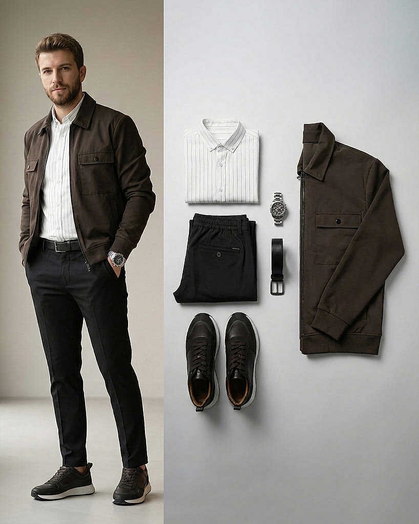 Beystil Erkek Kahverengi Slim Fit Gömlek Yaka Fermuarlı Hırka 2442