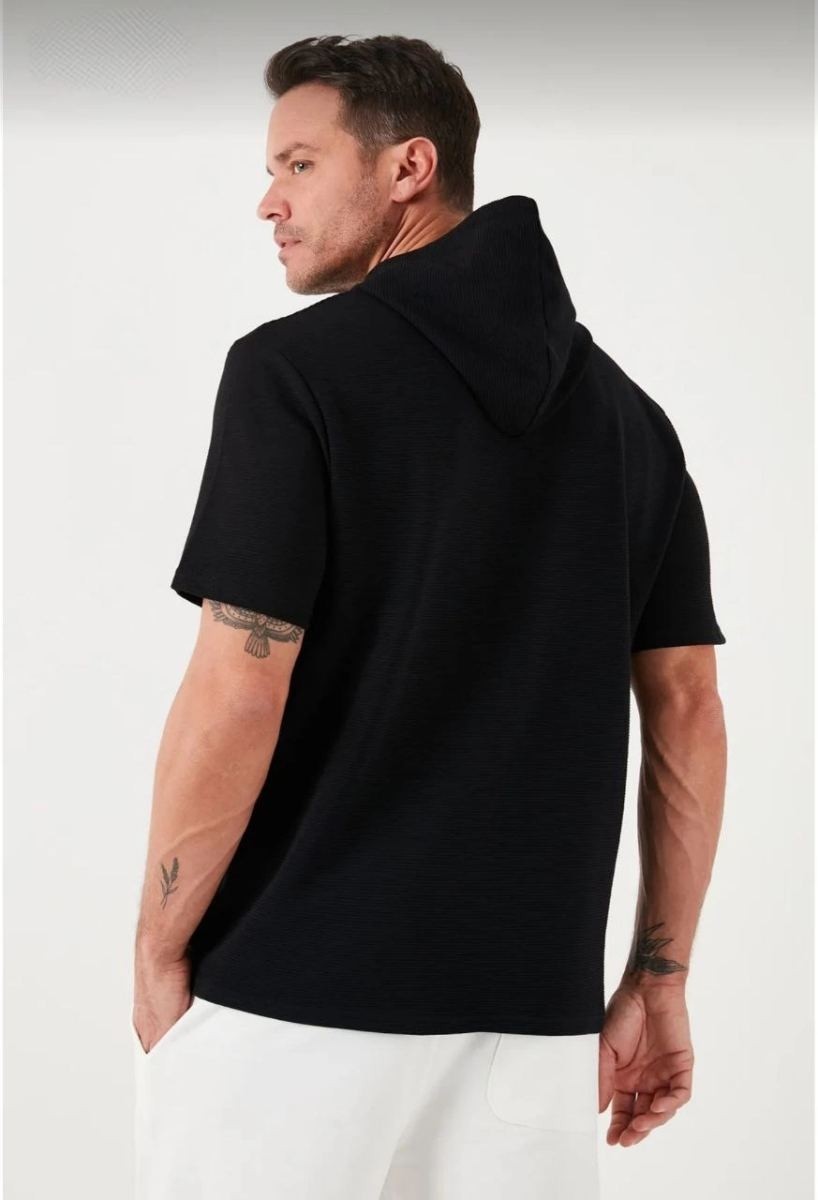 Fantastik Store Erkek Kapüşonlu Tişört Kısa Kol Düz Oversize T-Shirt - Siyah görsel 3