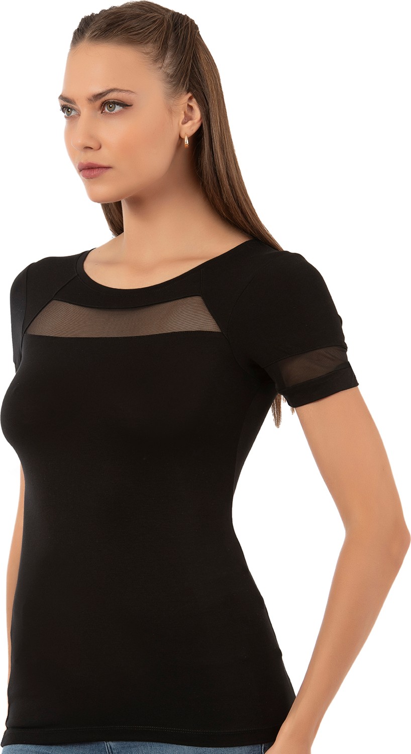 Özkan Underwear Özkan 26983 Kadın Premium Yumuşak Rahat Kumaş Ring Viskon Bisiklet Yaka Tül Detaylı Kısa Kollu Örme Bluz görsel 3
