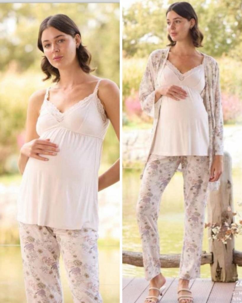Monamise 24076 Çiçek Desenli Hamile Lohusa 3 Lü Pijama Sabahlık Tk görsel 5