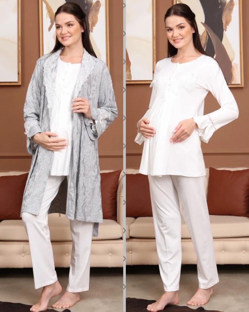 Bone Club Birolgaye Bone Club 5706 Ekru Jakarlı 3lü Hamile Lohusa Pijama Sabahlık Tk görsel 4