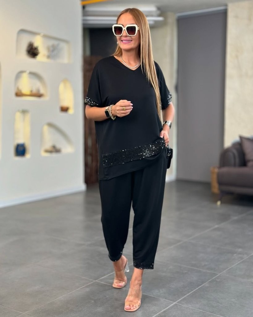 Alinn Butikk Kadın Kısa Kollu V Yakalı Pul Payetli Viskon Iki Iplik Bluz ve Pantolon Ikili Takım görsel 7