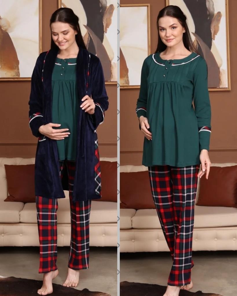 Bone Club Birolgaye Bone Club 5710 Kadife Hamile Lohusa 3 Lü Pijama Sabahlık Tk