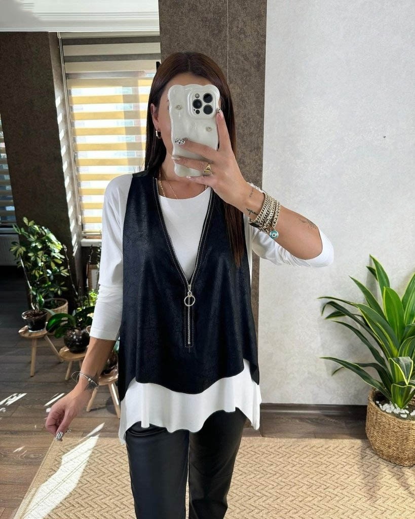 Trend Cojans Kadın Uzun Kollu Asimetrik Kesim Viskon Bluz ve Çatlak Deri Görünümlü Yelek Ikili Takım görsel 2