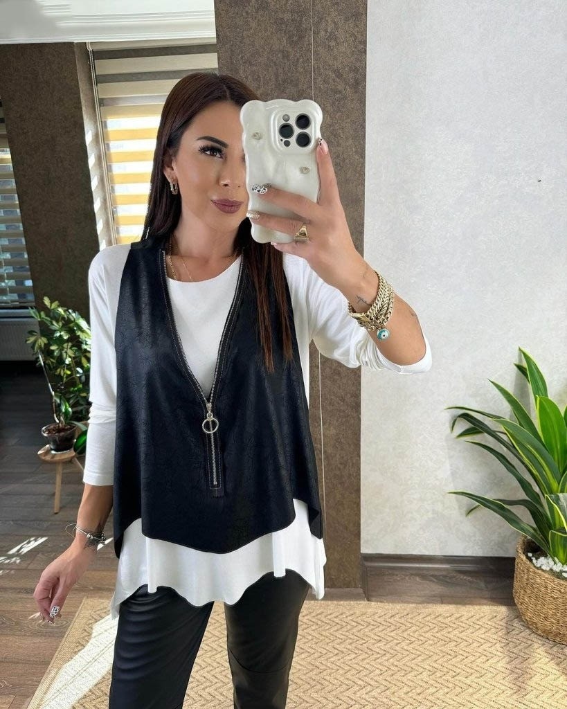 Trend Cojans Kadın Uzun Kollu Asimetrik Kesim Viskon Bluz ve Çatlak Deri Görünümlü Yelek Ikili Takım görsel 3