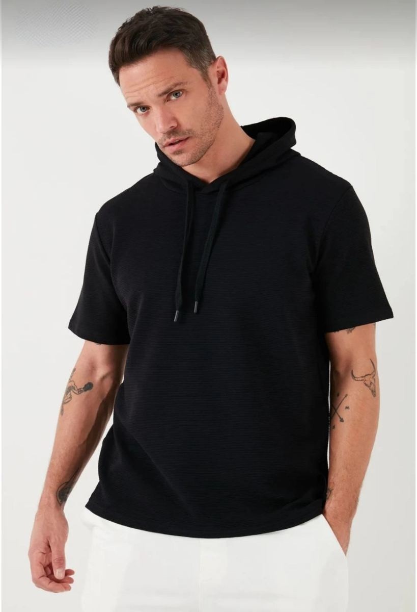 Fantastik Store Erkek Kapüşonlu Tişört Kısa Kol Düz Oversize T-Shirt - Siyah görsel 4
