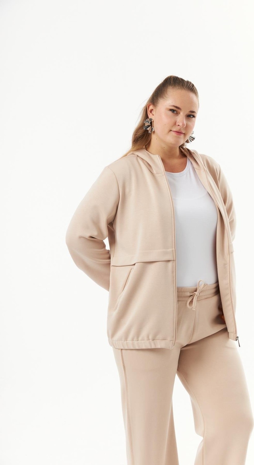 Rmg Büyük Beden Kapüşon ve Fermuarlı Modal Sweatshirt Vizon görsel 3