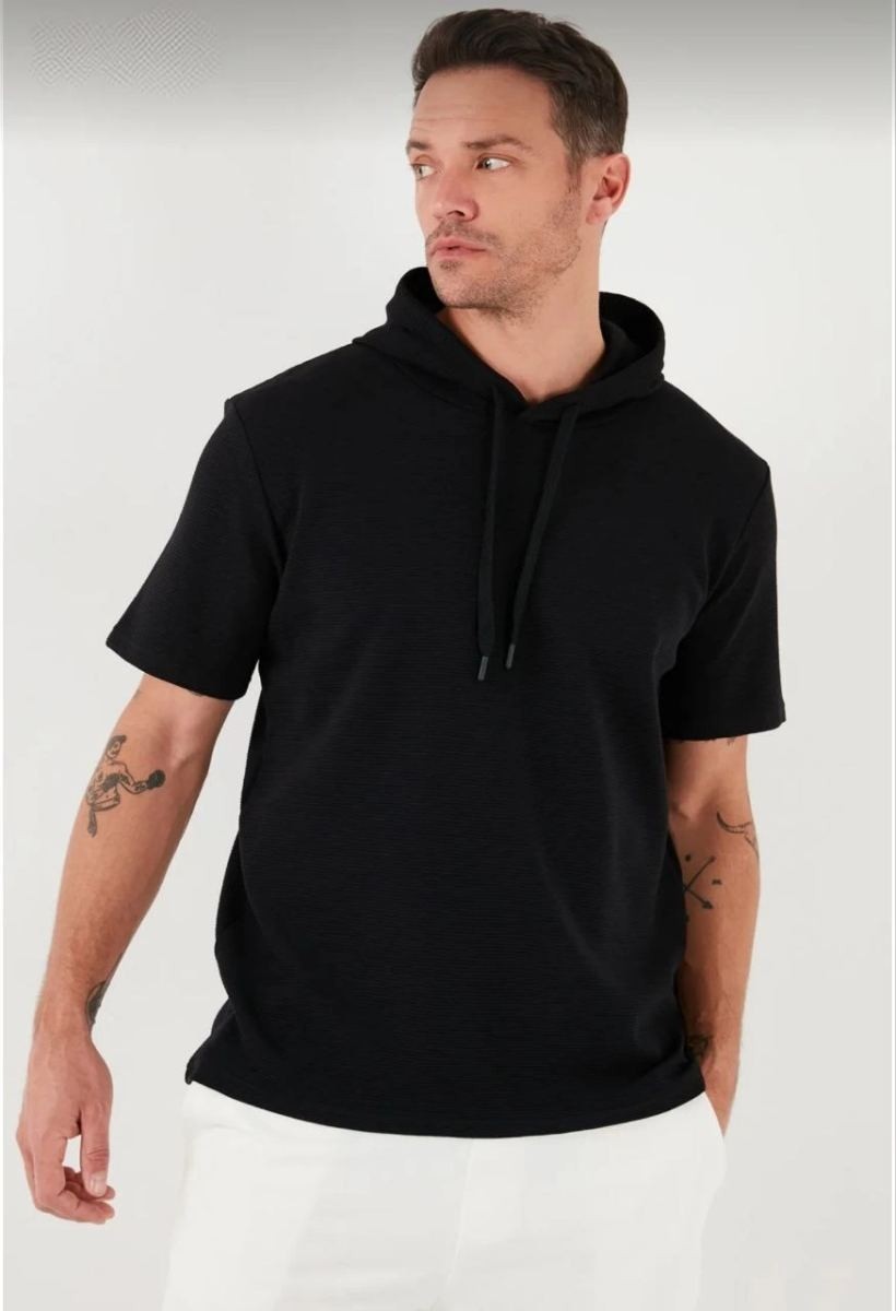 Fantastik Store Erkek Kapüşonlu Tişört Kısa Kol Düz Oversize T-Shirt - Siyah