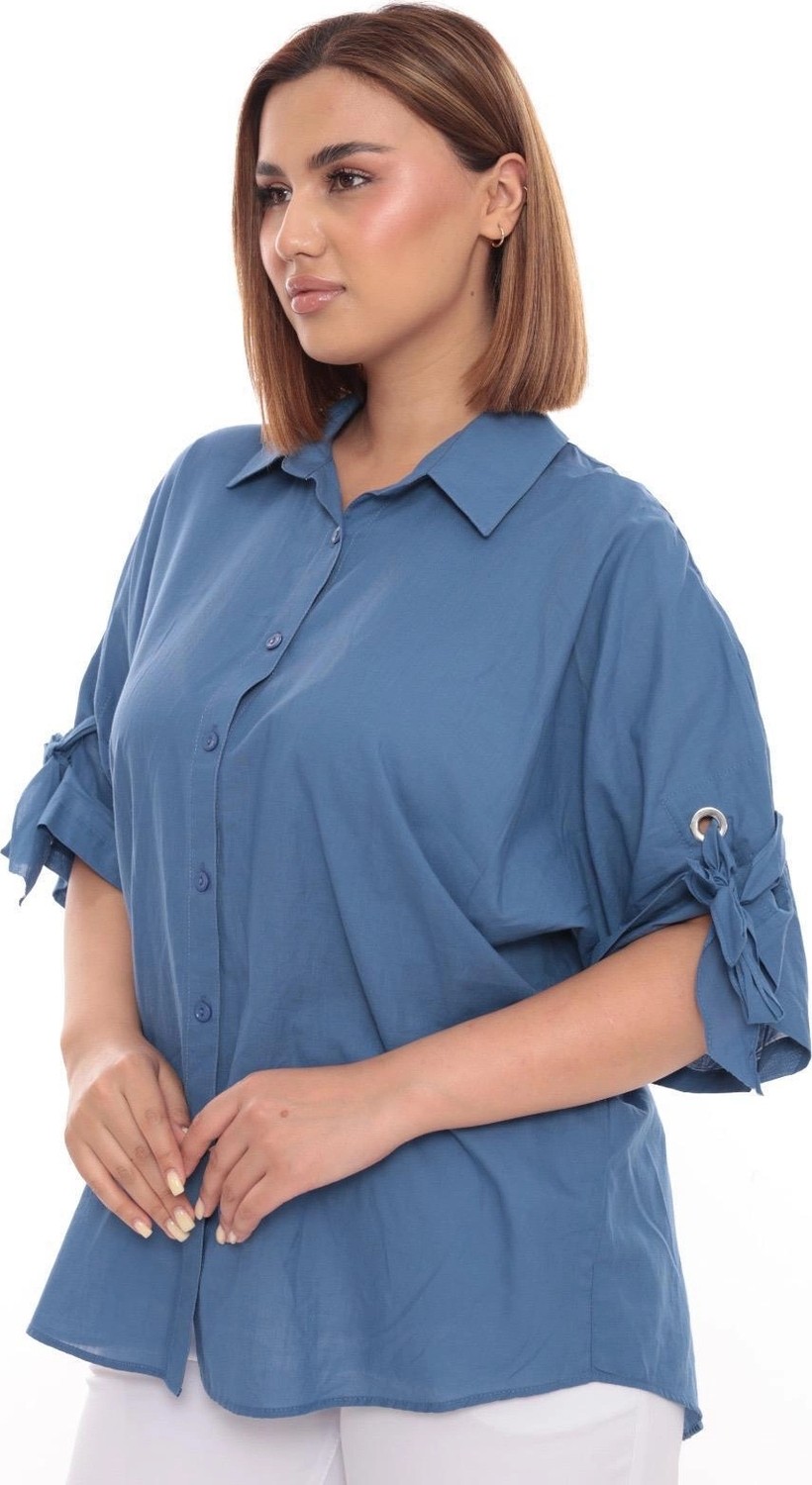 Lady Majestic %100 Cotton Büyük Beden Kadın Pamuklu Gömlek Rahat Kesim, Düğmeli, Volan Kol Detaylı