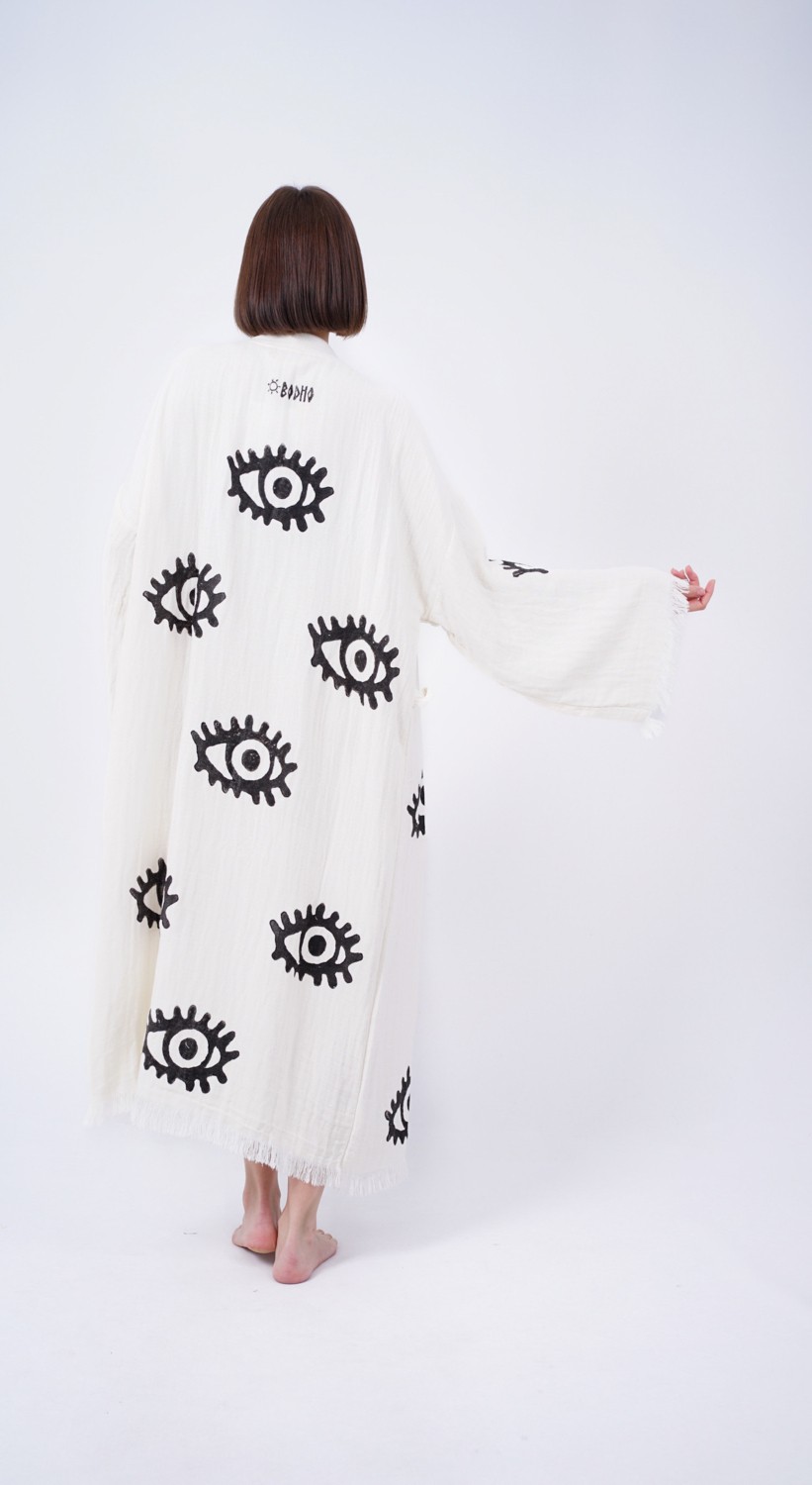 Bodho El Yapımı Göz Baskılı Nazar Kaftan Kimono görsel 4