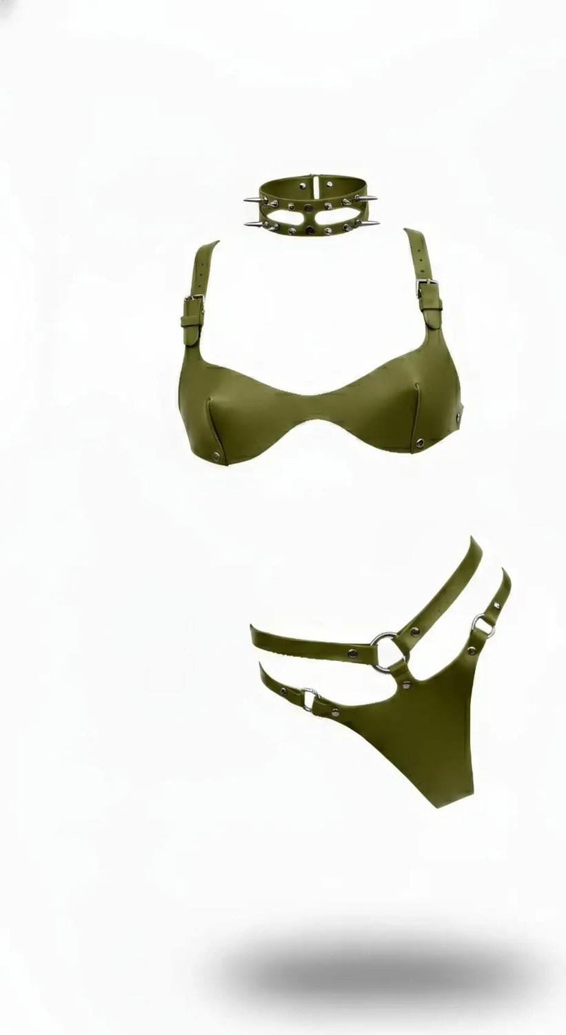 Moda Şahsenem Haki Harness Takım Deri Zımba Detaylı Üç Parça - BRF1298 görsel 3
