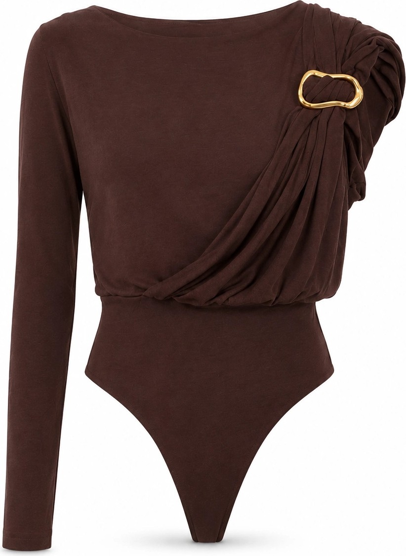 Purple By Banu Kahverengi Omuz Gold Aksesuar Detay Bodysüit