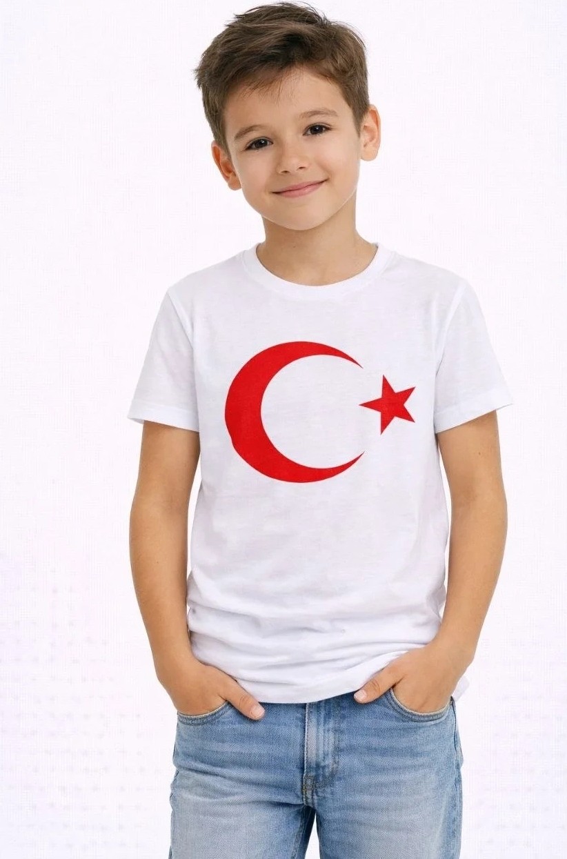 Tarz Yeri Erkek Çocuk Tişört Bisiklet Yaka Ay Yıldız Bayrak Baskılı T-Shirt - Beyaz