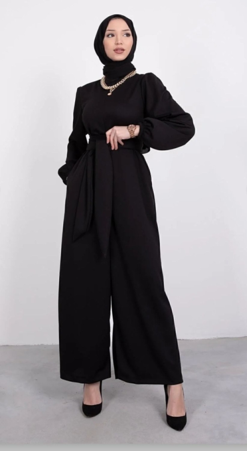 Moda Ulu Geniş Kuşak Dolamalı Şık Siyah Tesettür Tulum görsel 2