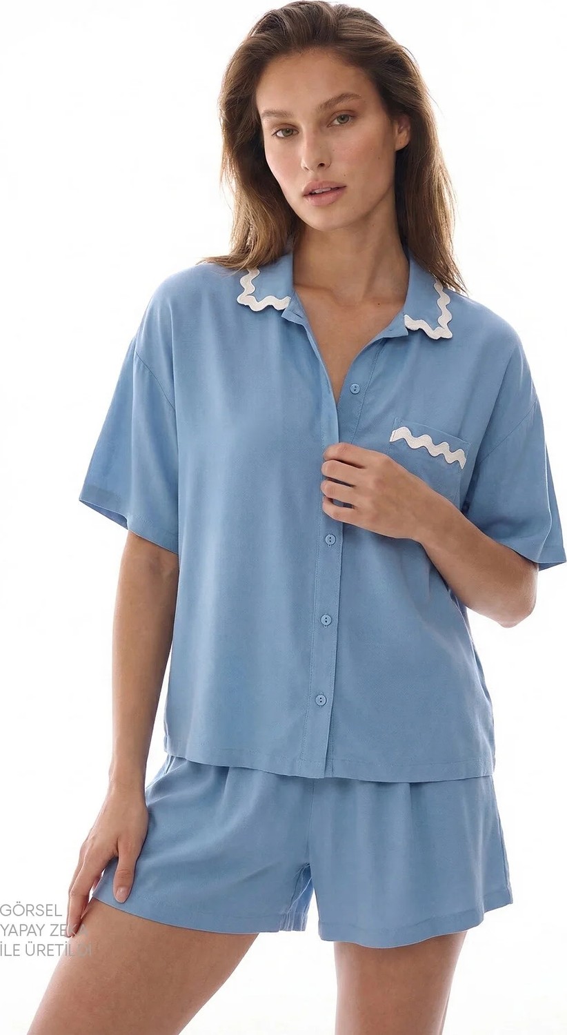 Penti Mavi Serenity Kısa Kollu Gömlek Şort Pijama Takımı