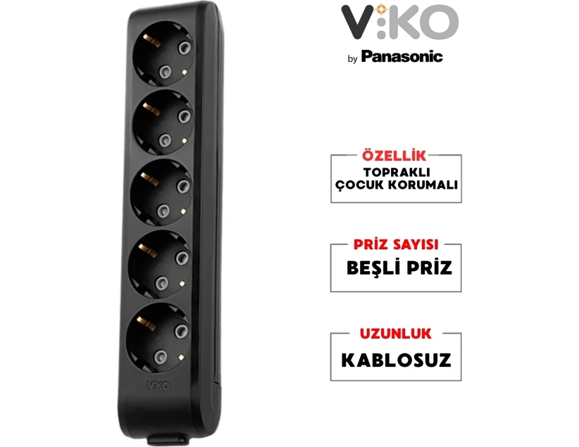 Resim Viko | Beşli Grup Priz, Topraklı - Çocuk Korumalı Çoğaltıcı Priz, 5'li, Kablosuz, Siyah 