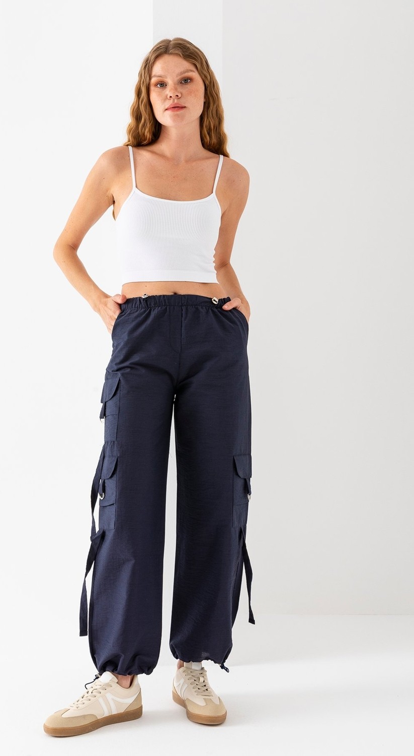 Giysa Kadın Beli ve Paçası Stoperli Kargo Cep Paraşüt Pantolon Lacivert - 25664 görsel 4