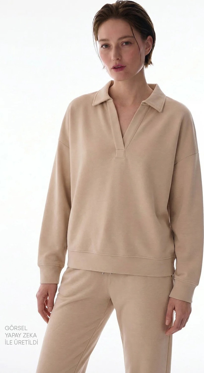Penti Bej Polo Yaka Modal Sweatshirt görsel 2