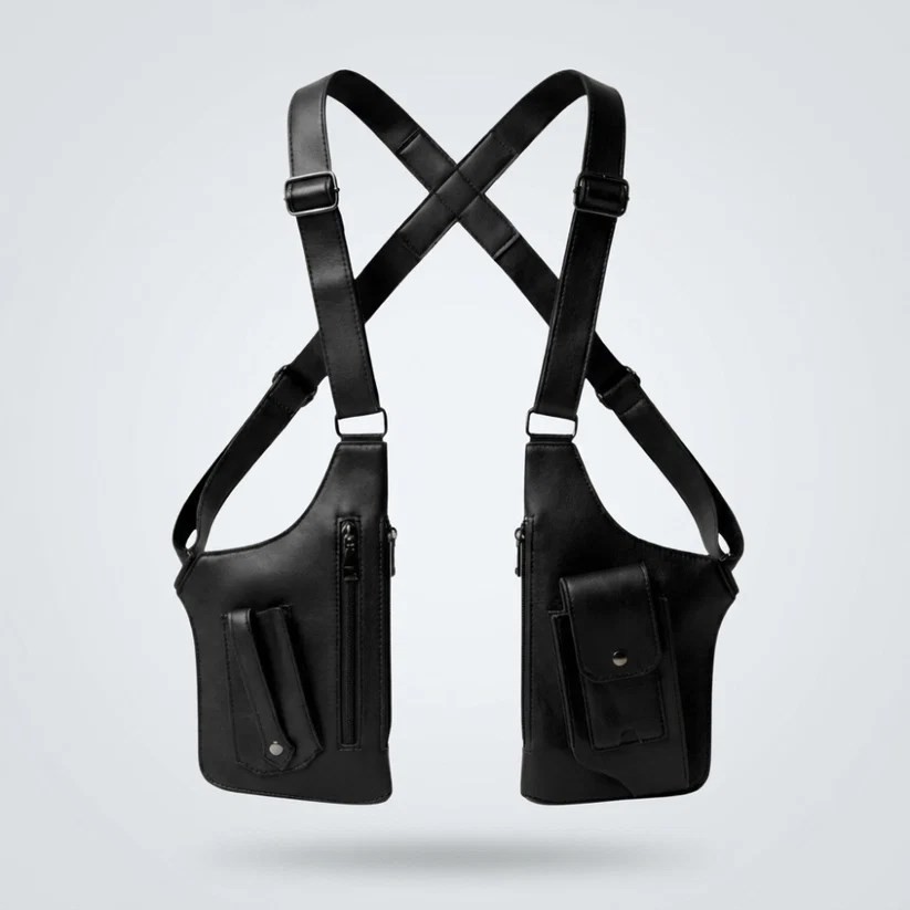 Newish Polo Erkek Siyah Vegan Deri Çapraz Askılı Çok Cepli Harness Göğüs Çantası - NEWPOLO424