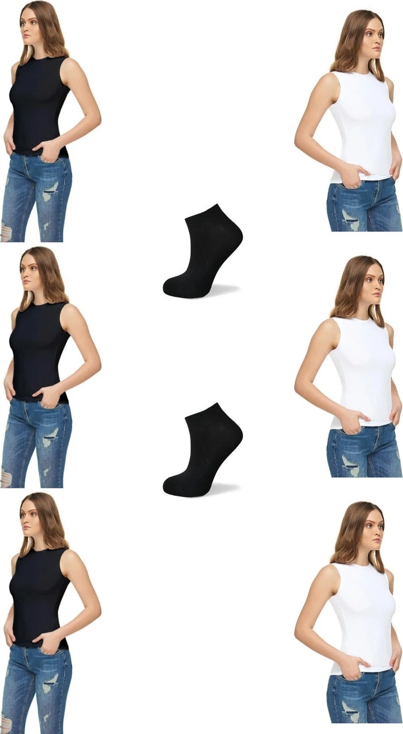 Tutku 6'lı Sıfır Kollu Elastan Bisiklet Yaka Atlet/badi Karışık Renk 2 Çift Çorap Hediyeli---