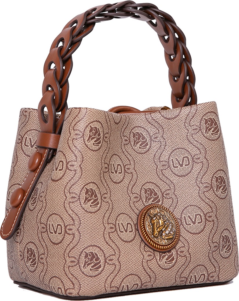 Lêvi D'or Monogram Baskılı Örme Kulp Detaylı Küçük Boy Kadın El Çantası Camel