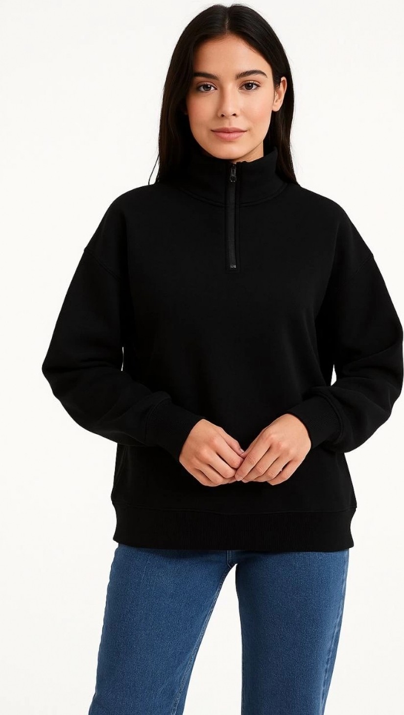 Pileli Store Üç Iplik Dık Yaka Yarım Fermuarlı Sweatshirt - Siyah - görsel 4