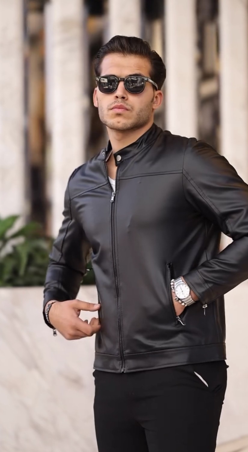 Prifaldi Dik Yekalı Yeni Sezon Erkek Deri Ceket Siyah görsel 2