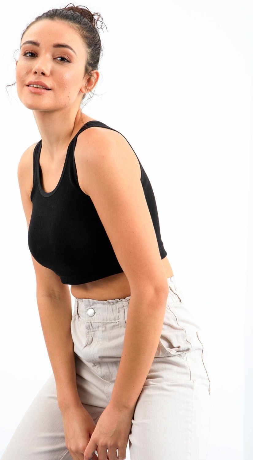 Tommy Life Lacivert Basic Sıfır Kol Dar Kalıp U Yaka Kadın Crop Top Atlet - 97162