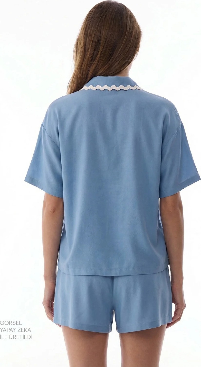 Penti Mavi Serenity Kısa Kollu Gömlek Şort Pijama Takımı görsel 2