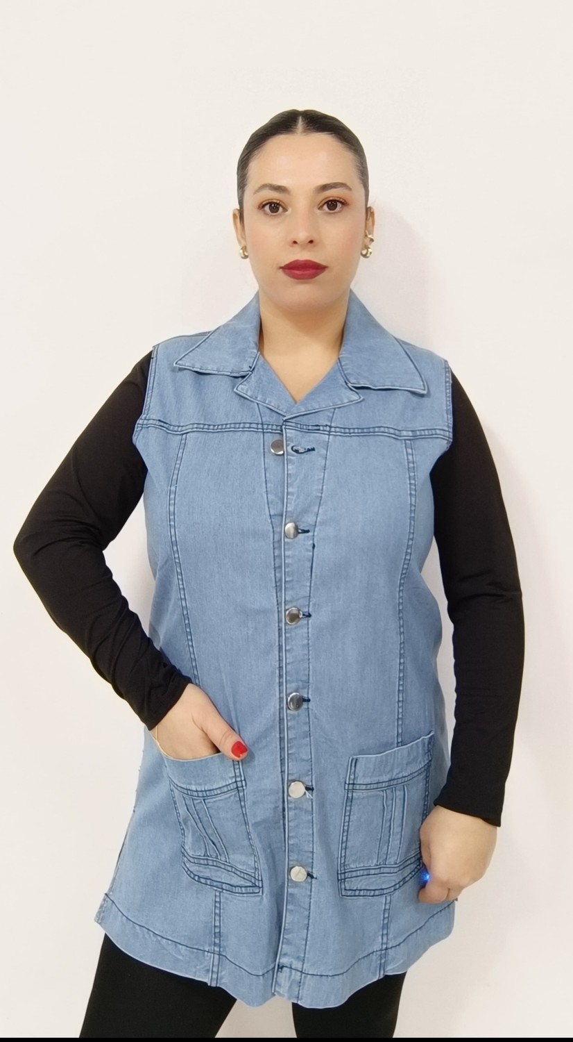 Akşen Giyim Büyük Beden Likralı %100 Pamuk Iki Cepli Metal Düğmeli 75 cm Boyda Denim Jean Yelek görsel 3