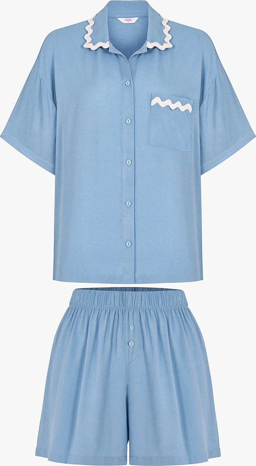 Penti Mavi Serenity Kısa Kollu Gömlek Şort Pijama Takımı görsel 5