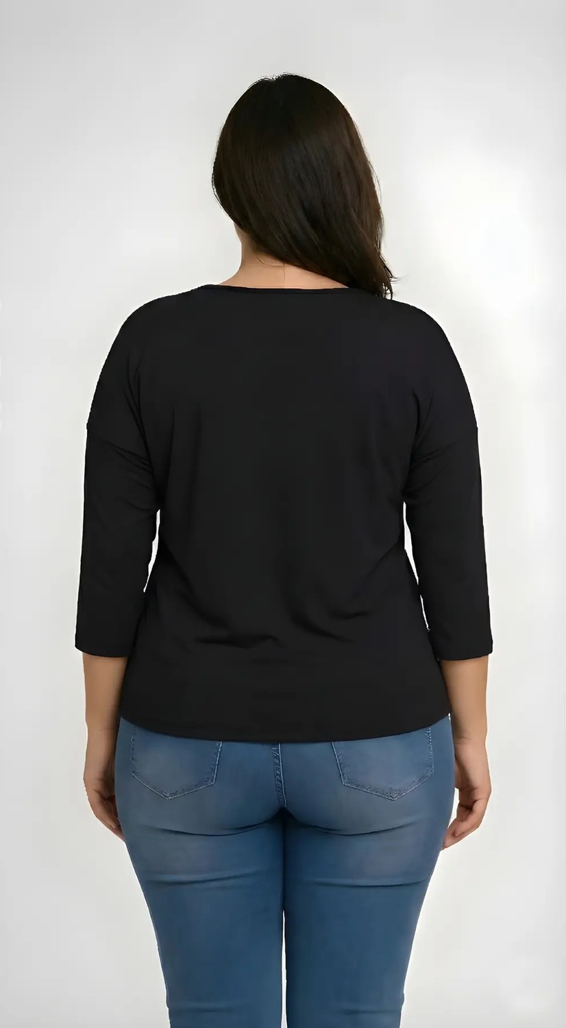 Curvy Trend Büyük Beden Yuvarlak Yaka Roba Dantel Truvakar Kol Bluz Siyah görsel 3