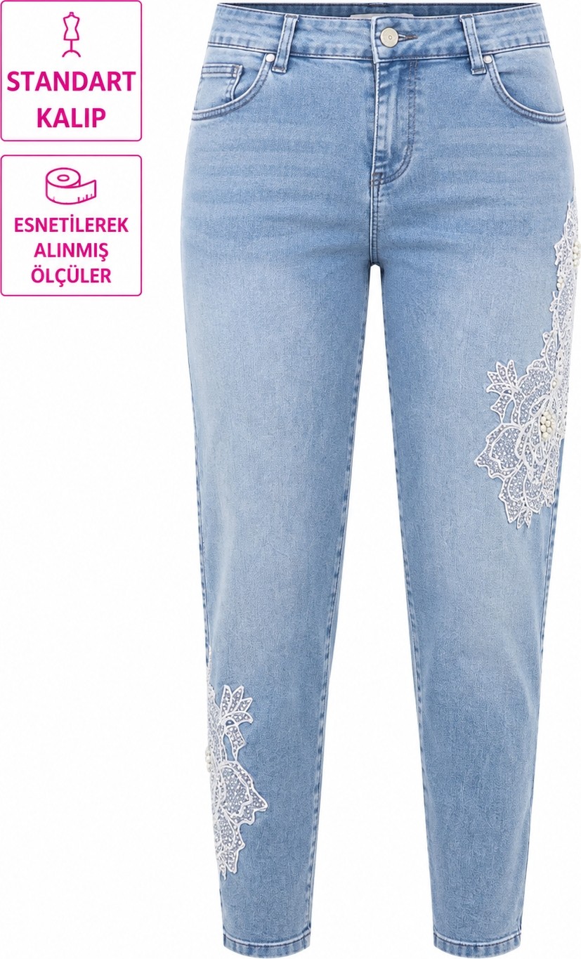 Trieste Wear Büyük Beden Yüksek Bel Çiçek Dantel ve Inci Detaylı Denim Kadın Pantolon görsel 2