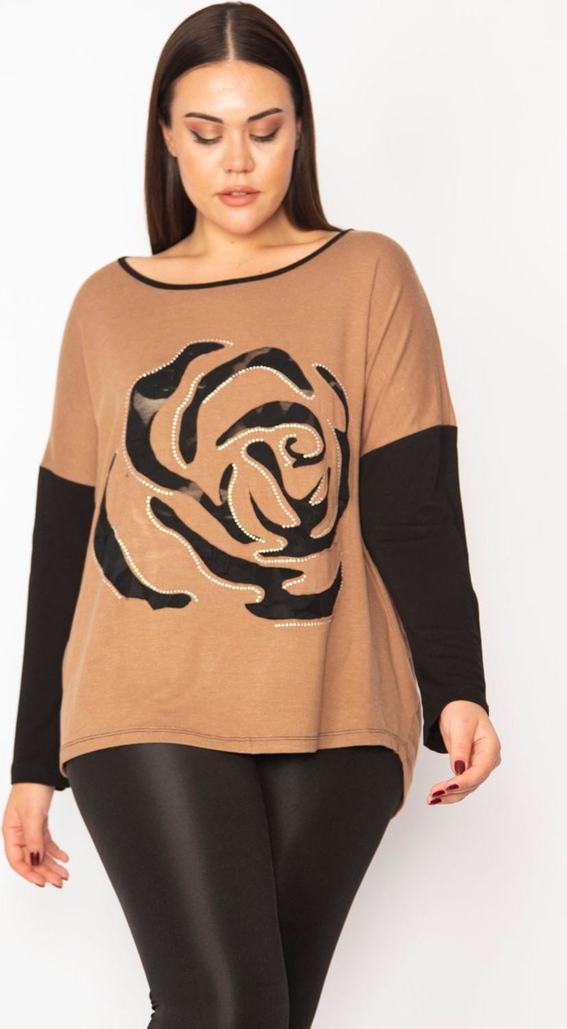 Şans Kadın Camel Önü Flok Desen Ve Taş Detaylı İki Renkli Tunik 65N29336 görsel 3