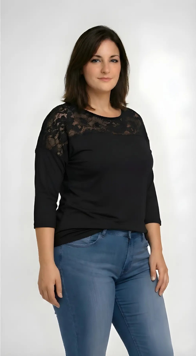 Curvy Trend Büyük Beden Yuvarlak Yaka Roba Dantel Truvakar Kol Bluz Siyah görsel 2