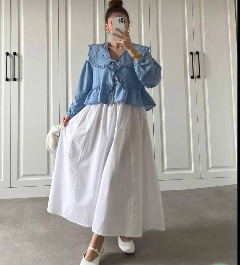 Moda Ulu Çift Cepli Beli Lastikli İç Göstermez Uzun Etek Poplin Kumaş (90) cm