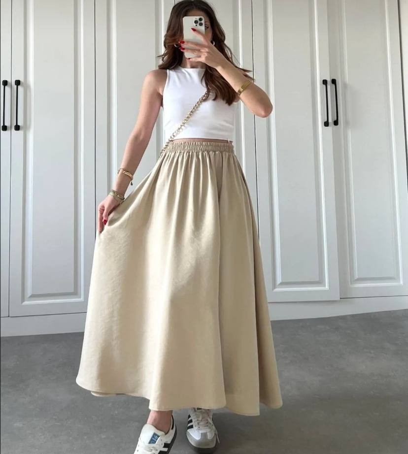 Moda Ulu Çift Cepli Beli Lastikli İç Göstermez Uzun Etek Poplin Kumaş (90) cm
