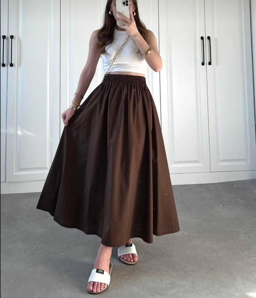 Moda Ulu Çift Cepli Beli Lastikli İç Göstermez Uzun Etek Poplin Kumaş (90) cm