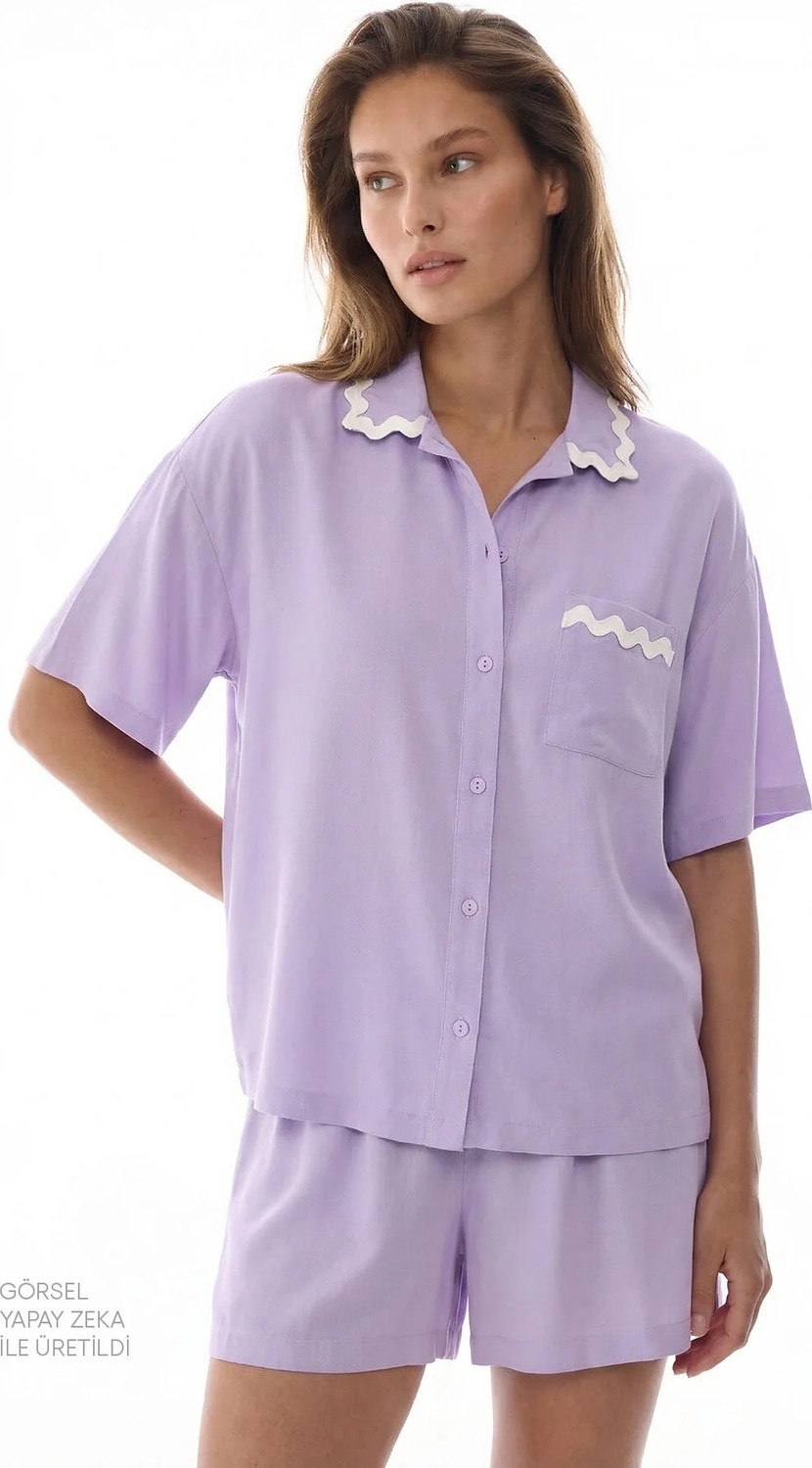 Penti Lila Ella Gömlek Dantelli Kısa Kollu Şort Pijama Takımı görsel 4