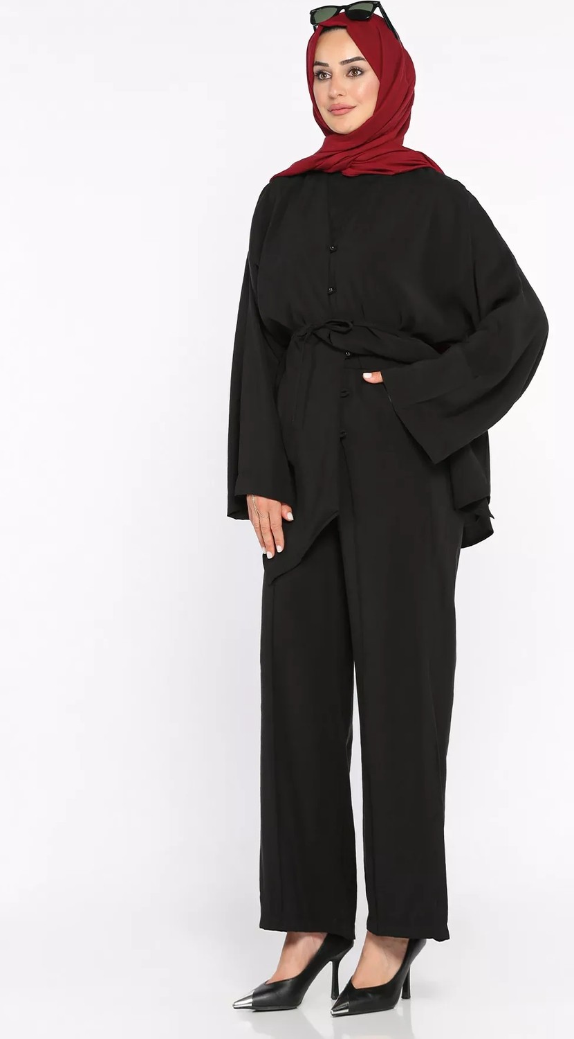 Julude Bel Lastikli Çimalı Pantolon Bağlama Detaylı Tunik Tesettür Ikili Takım P-00022704