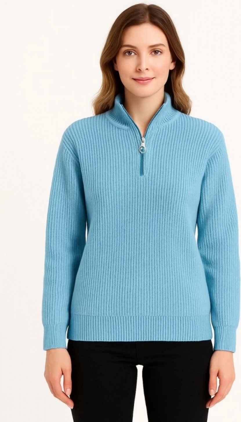 Pileli Store Kadın Yarım Fermuarlı Triko Kazak, Selanik Örgü, Dik Yaka, Pamuklu Dokuma, Oversize Uzun Kollu Kışlık Model - Bebe Mavisi görsel 2