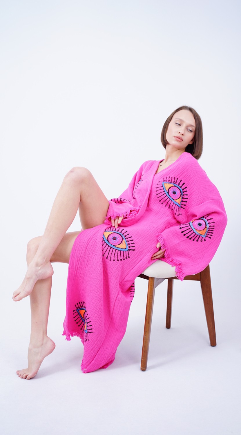 Bodho El Yapımı Pembe Göz Baskılı Nazar Kaftan Kimono