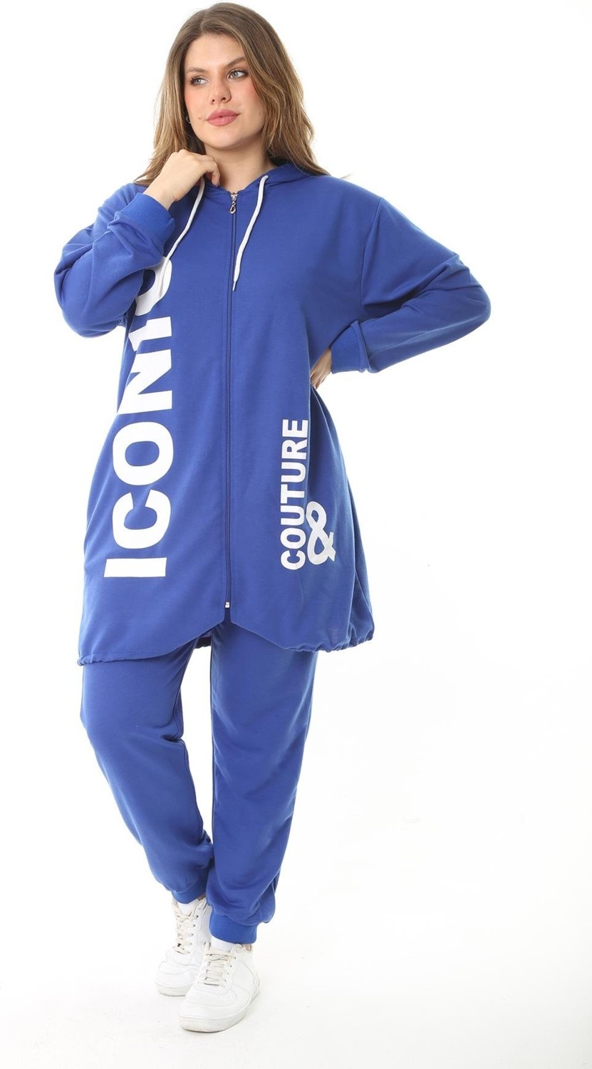 Şans Kadın Büyük Beden Gri Baskı ve Fermuar Detaylı Kapşonlu Sweatshirt Pantolon Takım 65N37128 görsel 2