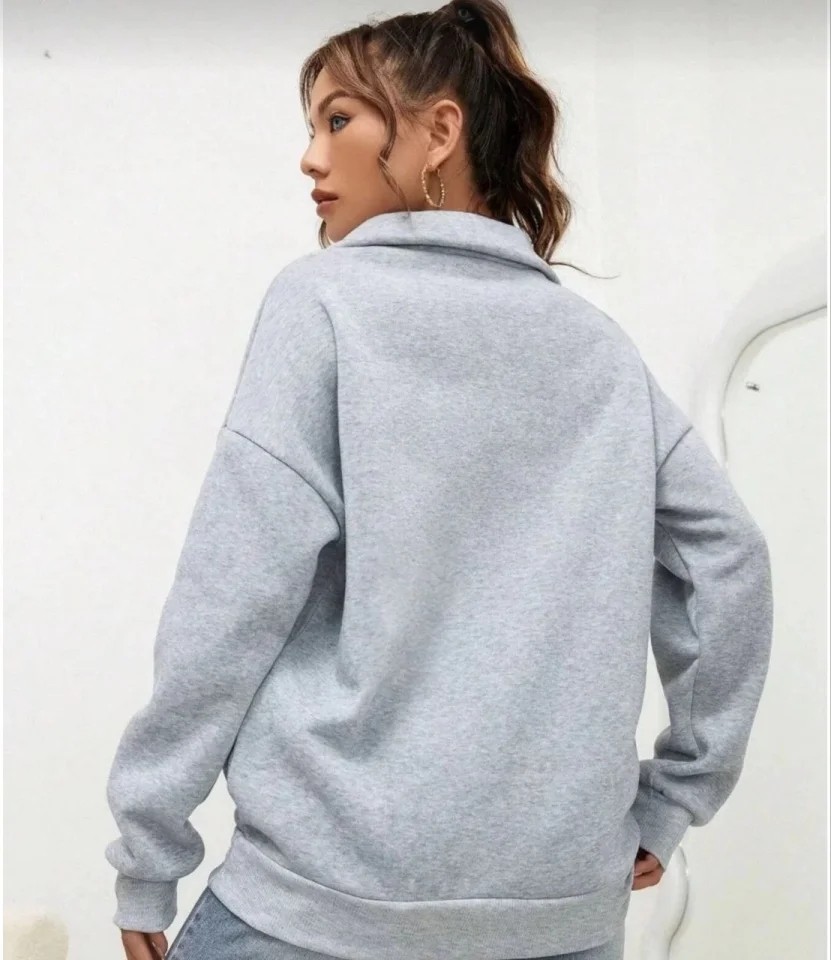 Unisex Uzun Kol Yarım Farmuarlı Yakalı Basic Sweatshirt - Gri görsel 3