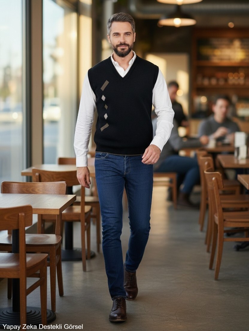 Kamalı Erkek Lacivert Tüylenme Yapmayan Anti-pilling Standart Fit Normal Kesim V Yaka Triko Süveter görsel 7