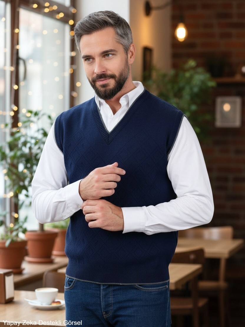 Kamalı Erkek Siyah Tüylenme Yapmayan Anti Pilling Kumaş Standart Fit Normal Kesim V Yaka Triko Süveter görsel 2