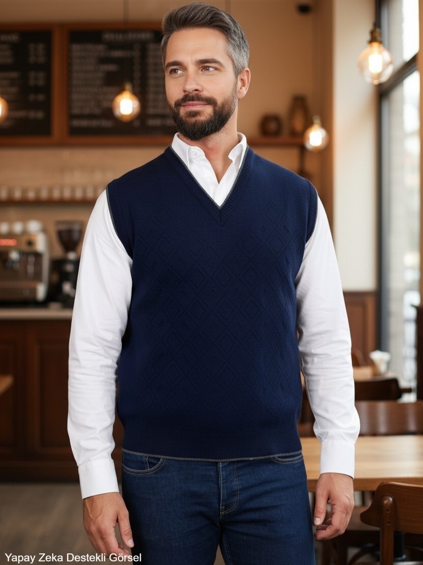 Kamalı Erkek Siyah Tüylenme Yapmayan Anti Pilling Kumaş Standart Fit Normal Kesim V Yaka Triko Süveter görsel 4