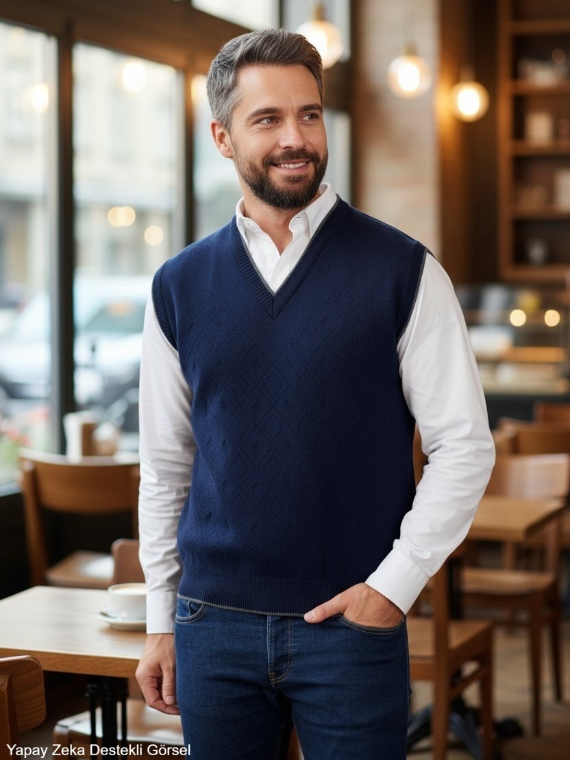 Kamalı Erkek Siyah Tüylenme Yapmayan Anti Pilling Kumaş Standart Fit Normal Kesim V Yaka Triko Süveter görsel 6
